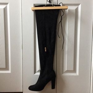 Bamboo Black Stretch Suede Thigh High Boots
